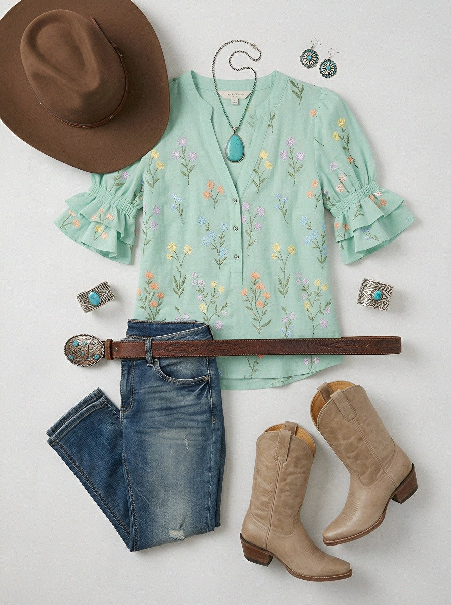 Women's Western Vintage Floral Embroidered Ruffle Sleeve Top