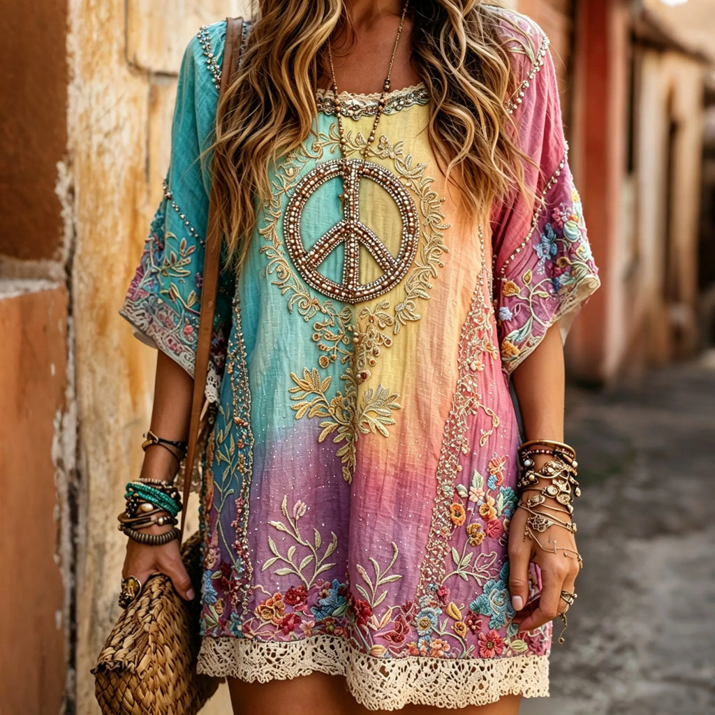 Women's Vintage Hippie Peace And Floral Embroidered Short Sleeve Dress
