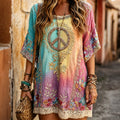 Women's Vintage Hippie Peace And Floral Embroidered Short Sleeve Dress