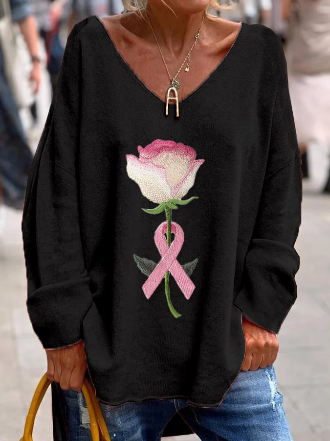 Women's Pink Breast Cancer Floral Print Loose Top