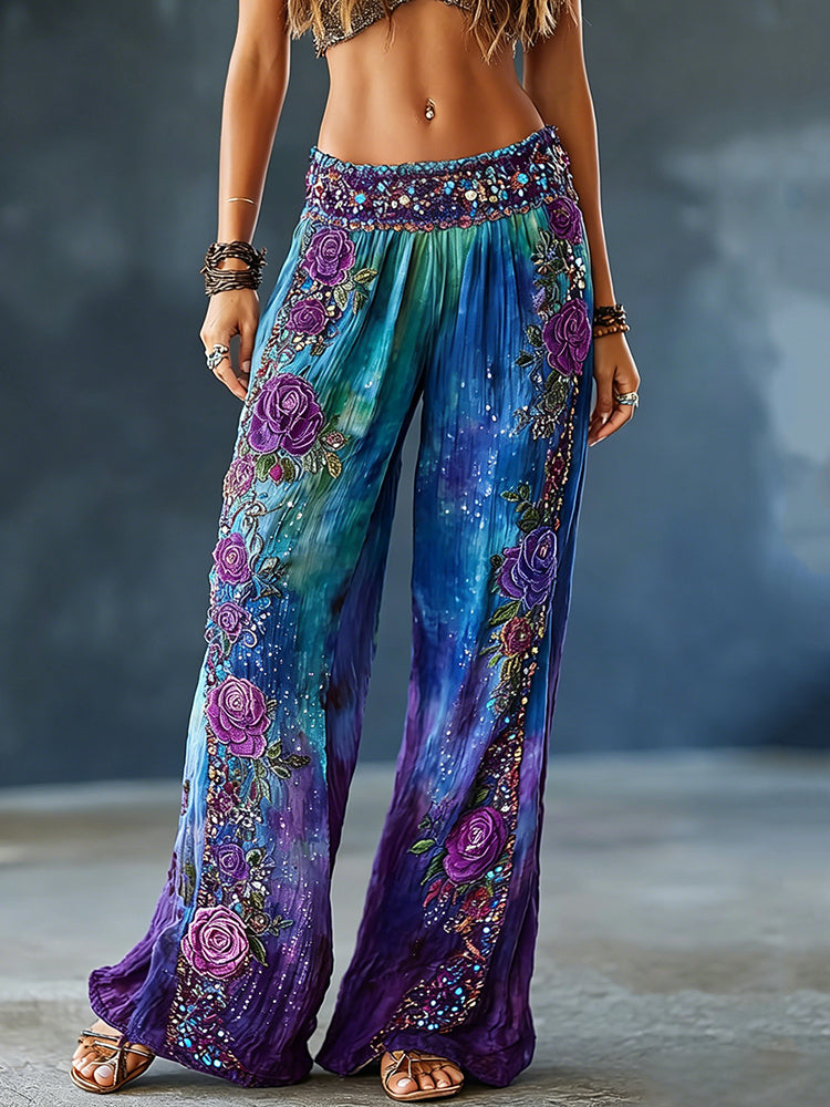 Women's Floral Art Embroidery Patchwork Cotton Linen Pants
