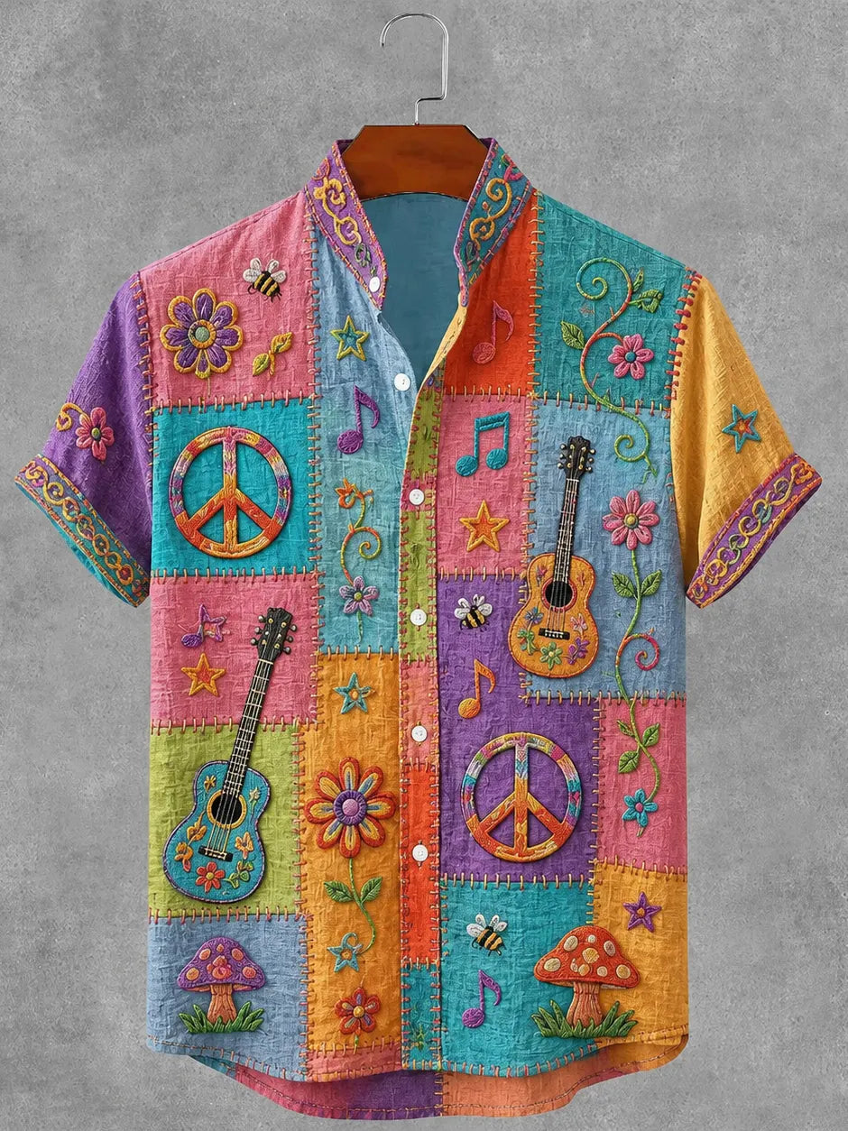 Men's Hippie Sun And Moon Art Printing Flowy Linen Blend Casual Shirt