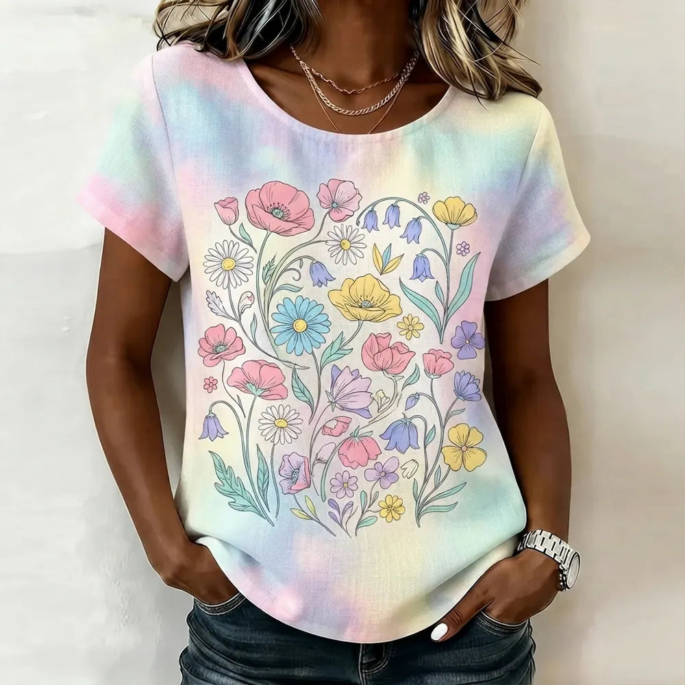 Women's Pastel Floral Bouquet Tie-dye Short Sleeve T-shirt