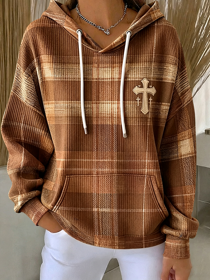Women's Retro Plaid Three Cross Drawstring Hoodie