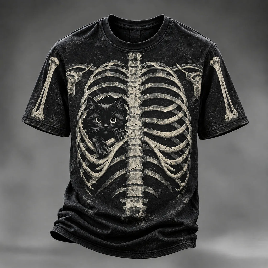 Men's Halloween Peeking Black Cat X-ray Rib Cage 3d Print Short-sleeved T-shirt