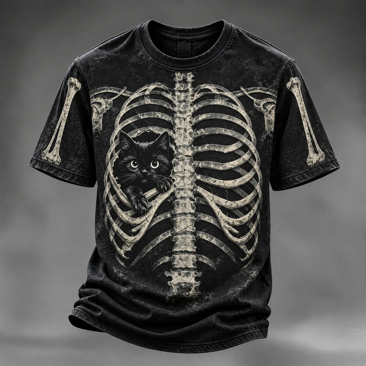 Men's Halloween Peeking Black Cat X-ray Rib Cage 3d Print Short-sleeved T-shirt