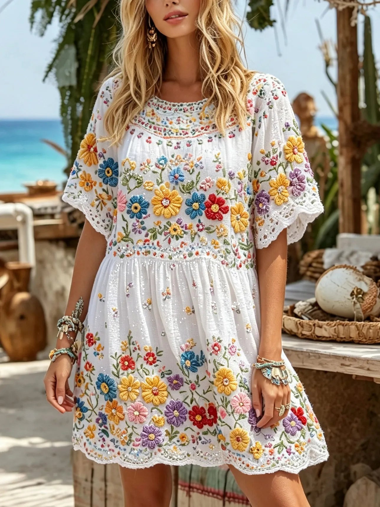 Women's Hippie Floral Embroidered Cotton Linen Round Neck Dress