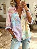 Women's Hippie Sun Moon Stars Art Tie-dye Candy Color Cotton Linen Casual Long Sleeve Shirt
