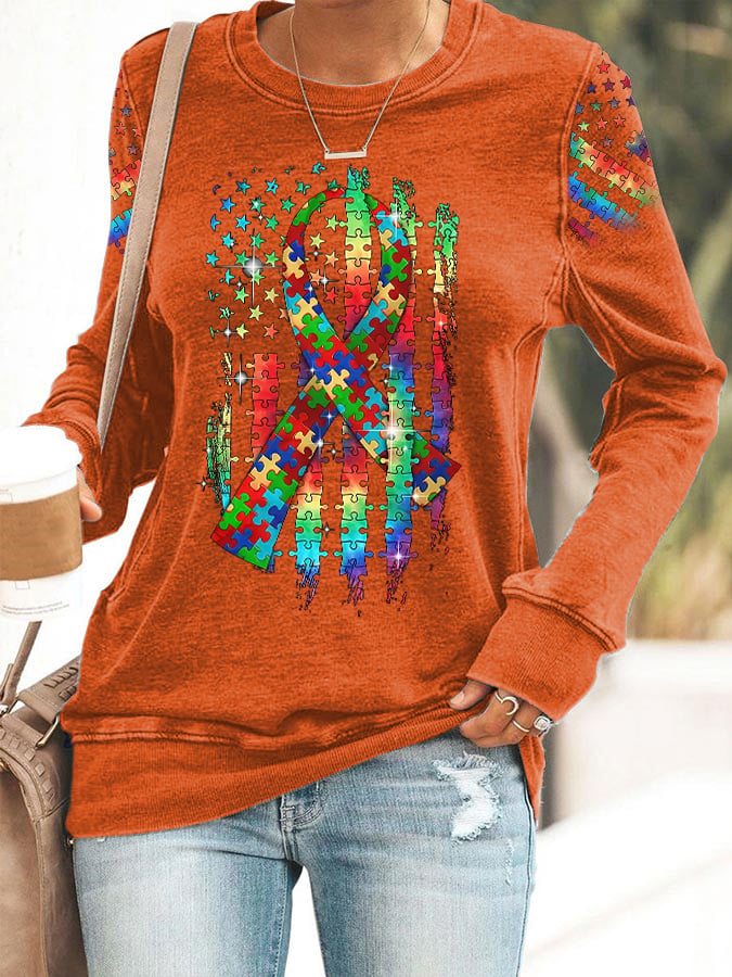 Women’s Retro Autism Awareness Colorful Puzzle Pieces Ribbon American Flag Print Sweatshirt