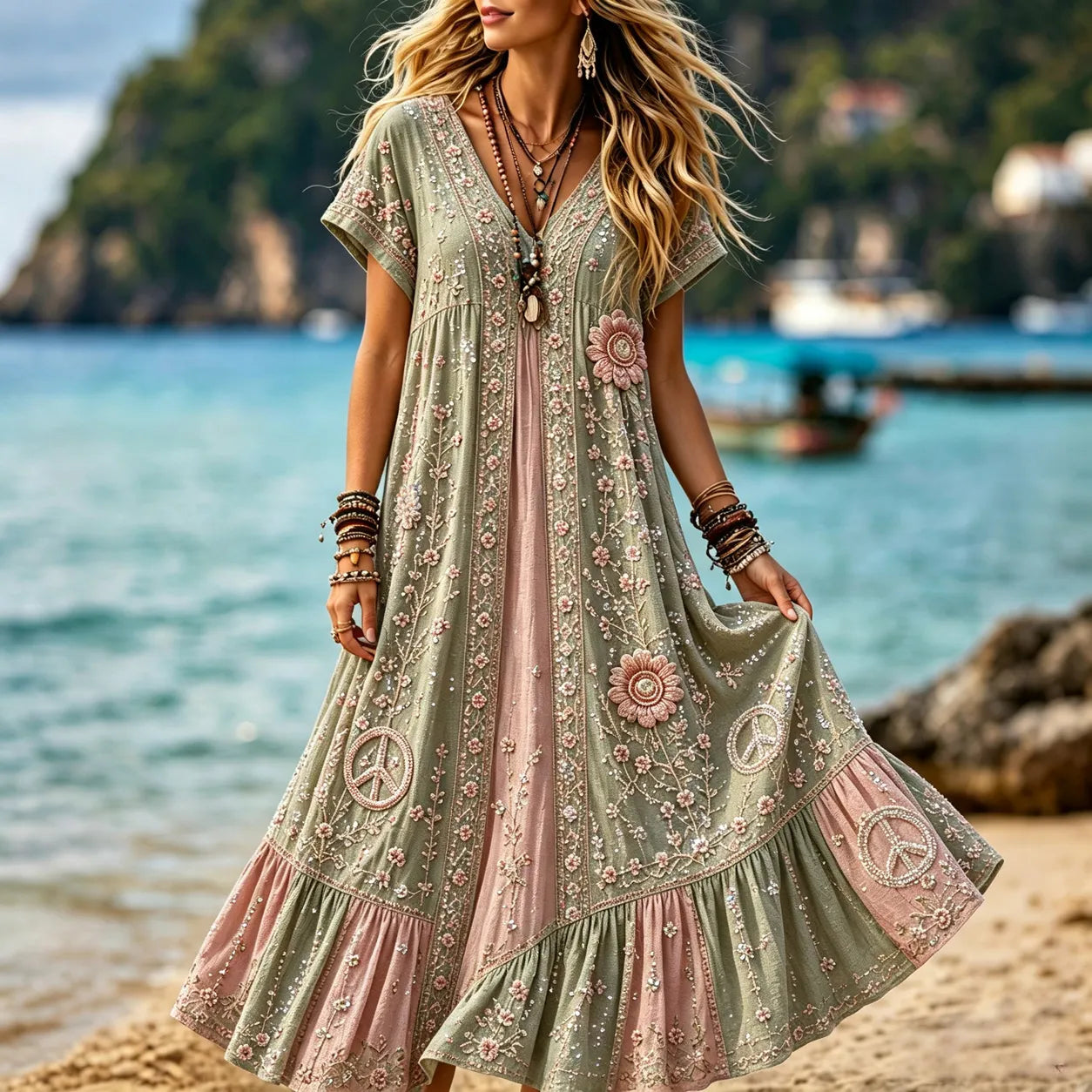 Women's Vintage Hippie Patchwork Floral Embroidery Art V Neck Short Sleeve Maxi Dress
