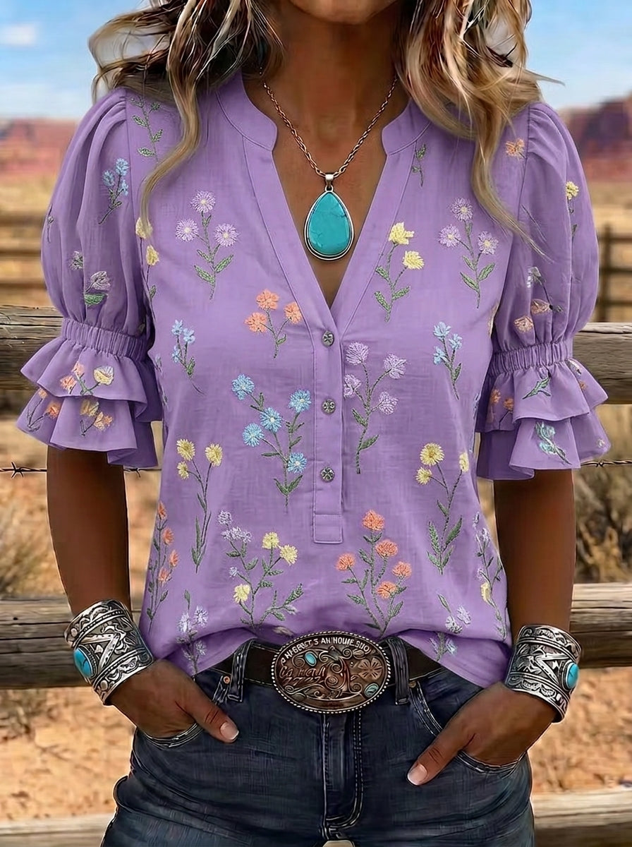 Women's Western Vintage Floral Embroidered Ruffle Sleeve Top
