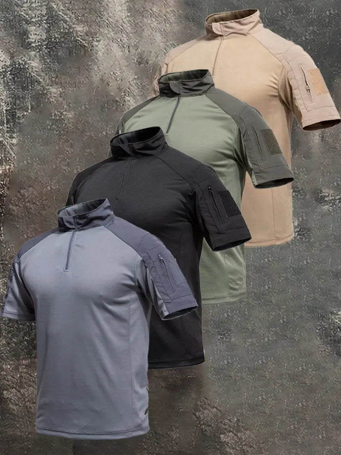 Men's Breathable Military-Style Short-Sleeve Shirt with Stand Collar and Zipper