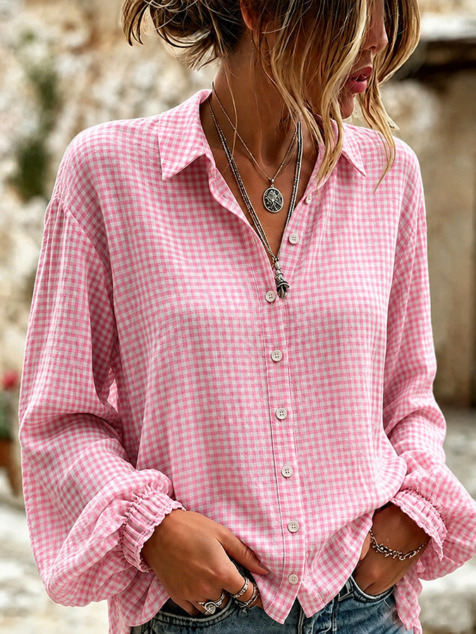 Women's casual plaid cotton linen bubble sleeve shirt