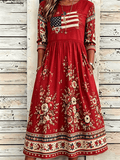 Women's Vintage American Flag Floral Print Midi Dress