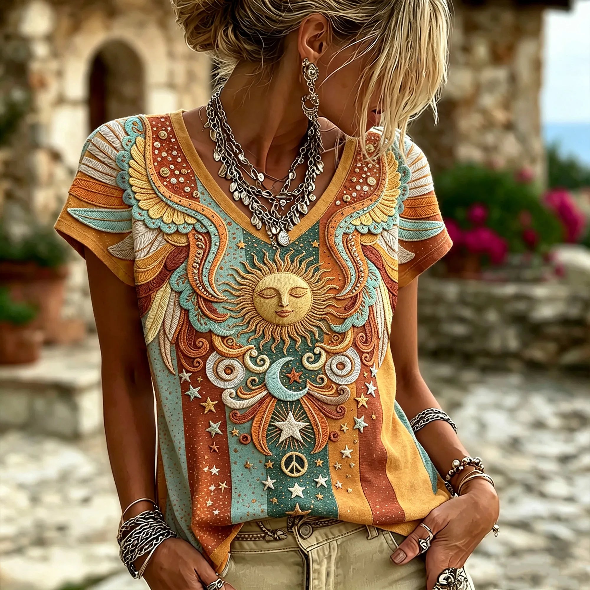 Women's Bohemian Vintage Hippie Color Block Sun Face Moon Star Embroidery V Neck Tee