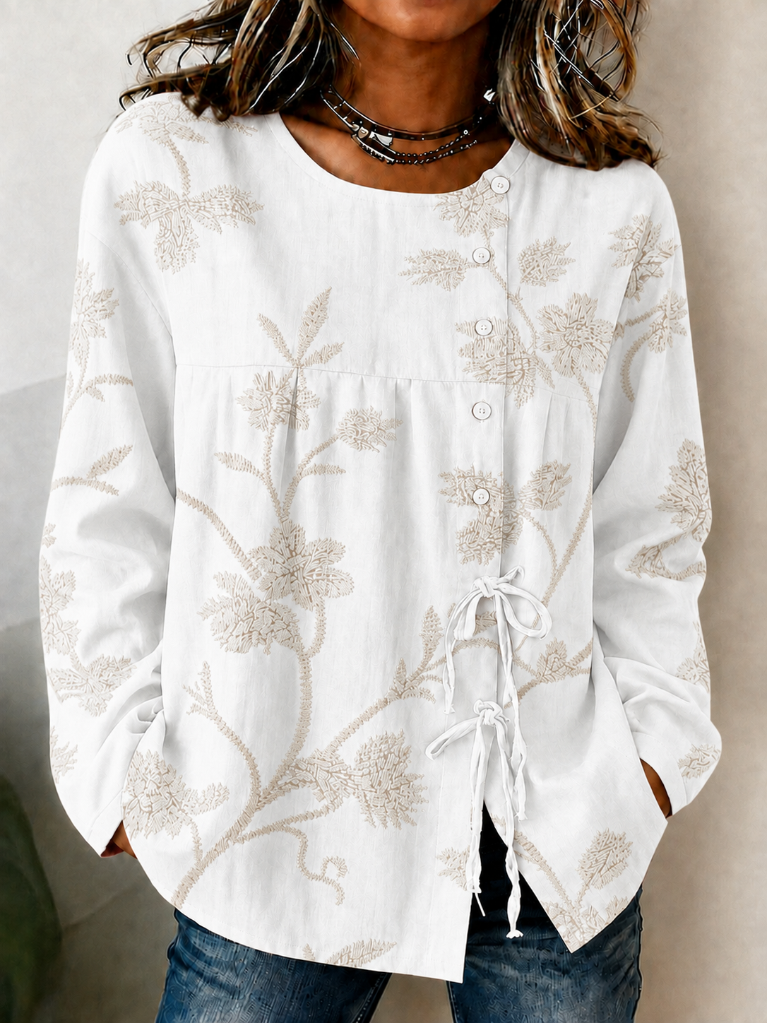 Women'S Breast Cancer Promotion Pink Plant Art Printing Cotton Linen Long Sleeve Shirt