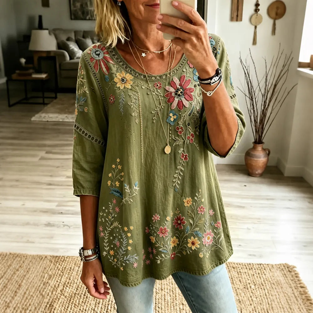 Women's Retro Floral Vacation Cotton Linen Top