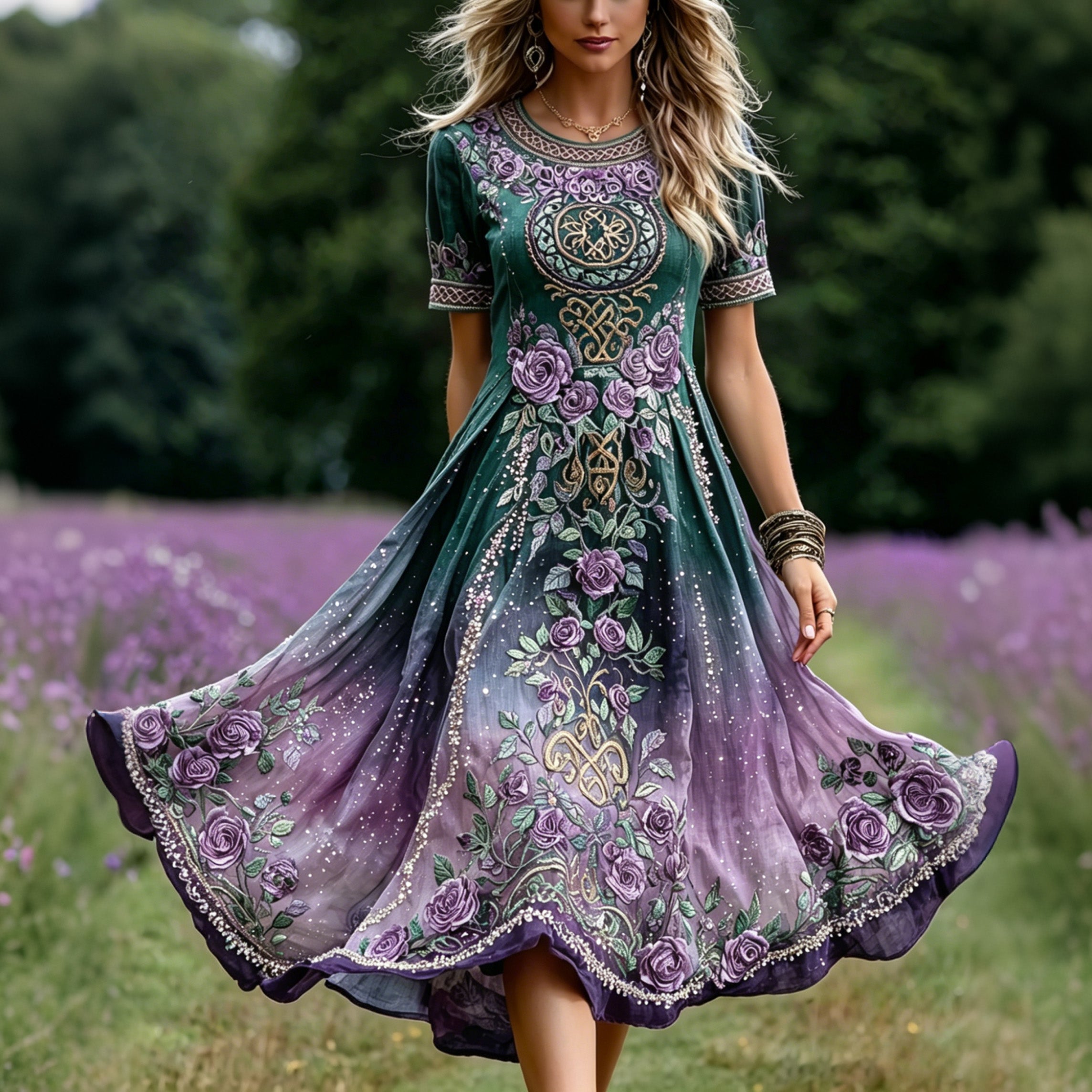 Women's Vintage Celtic Knot With Floral Art Embroidered Linen Blend Maxi Dress
