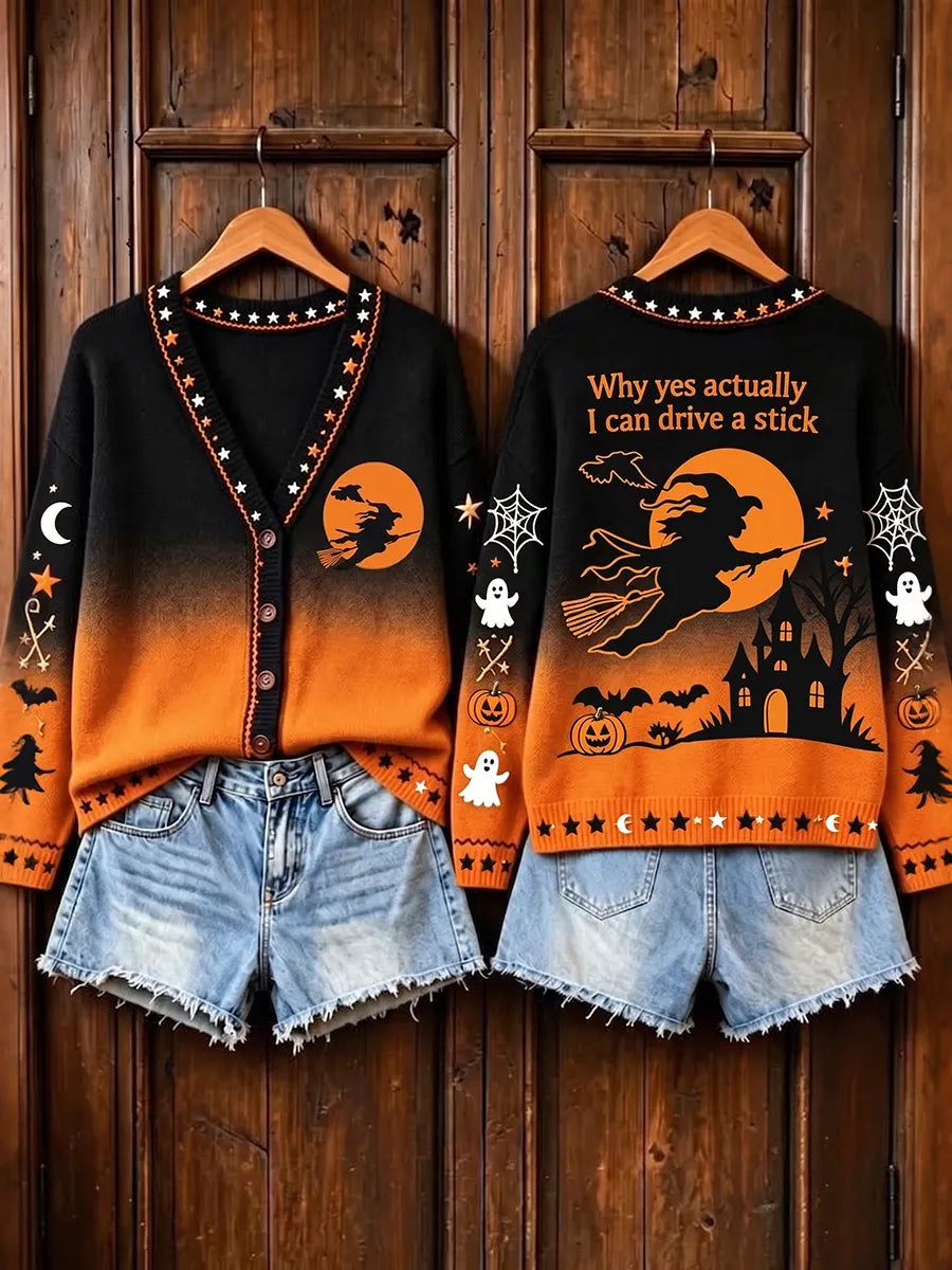 Women's Halloween Print V Neck Sweater Cardigan