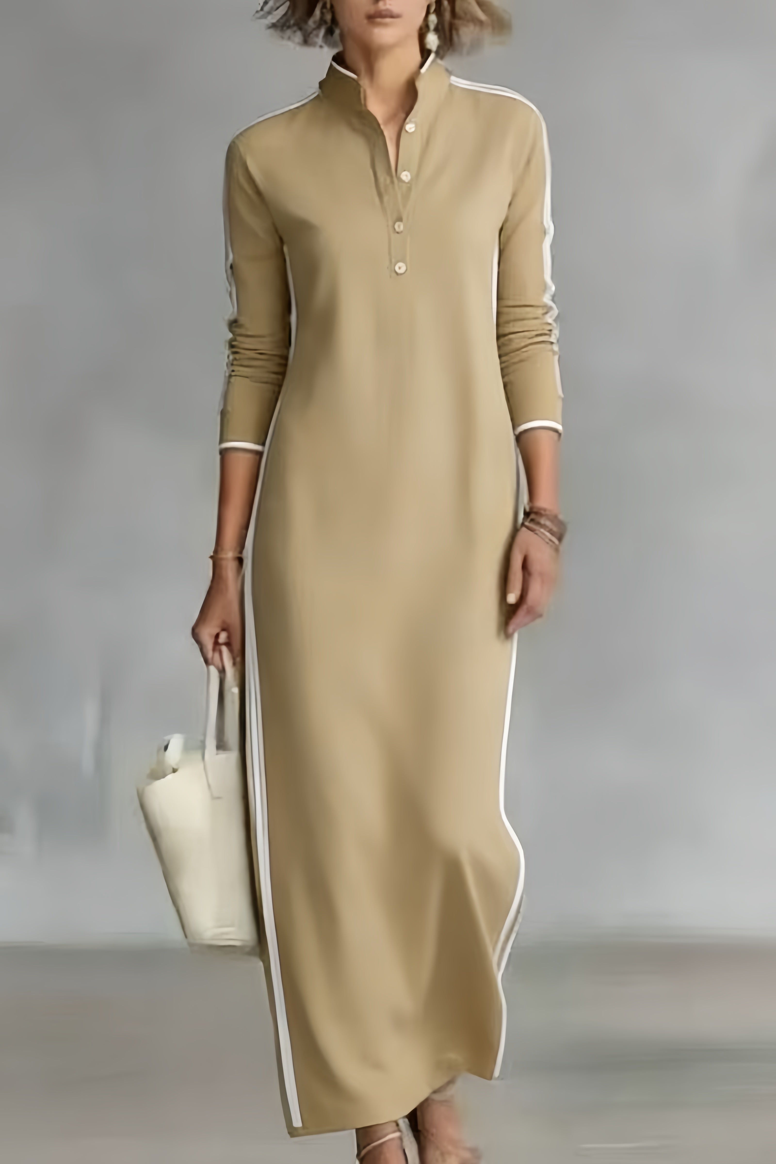 Women's Minimalist White-trimmed Button-down Collar Sweatshirt Dress Maxi Dress