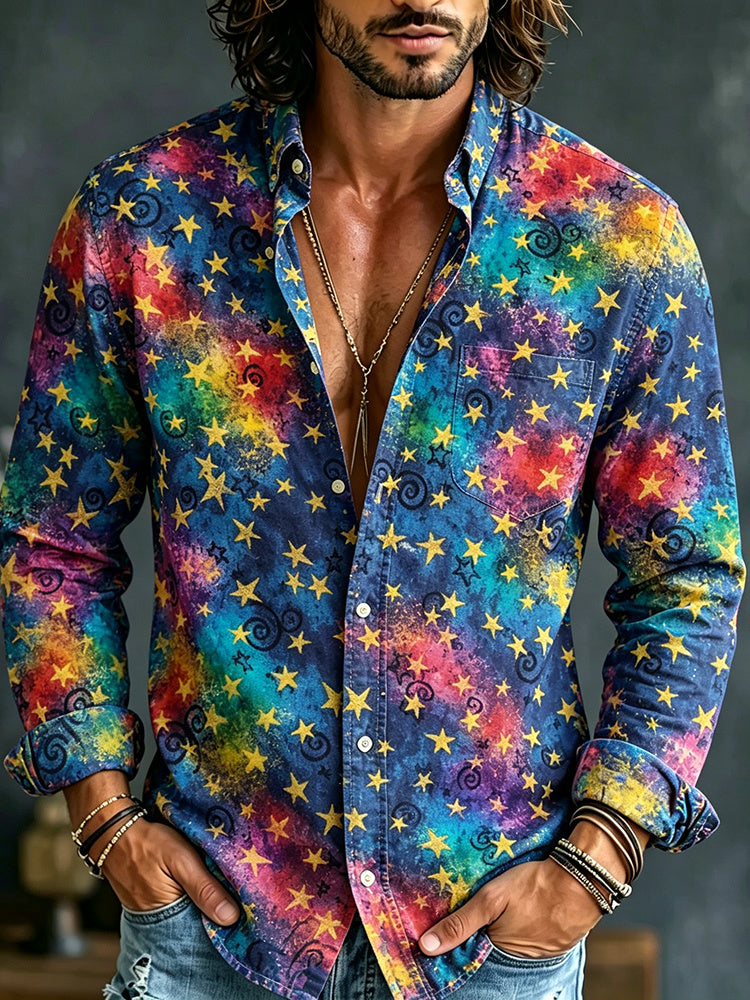 Men's Retro Star Tie-dye Print Long-sleeve Cotton Linen Shirt