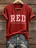 Red Friday Pattern Print V Neck Casual T-Shirt
