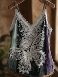 Butterfly Flower Lace Embroidery Patchwork Striped Design Women's Summer Linen Vest