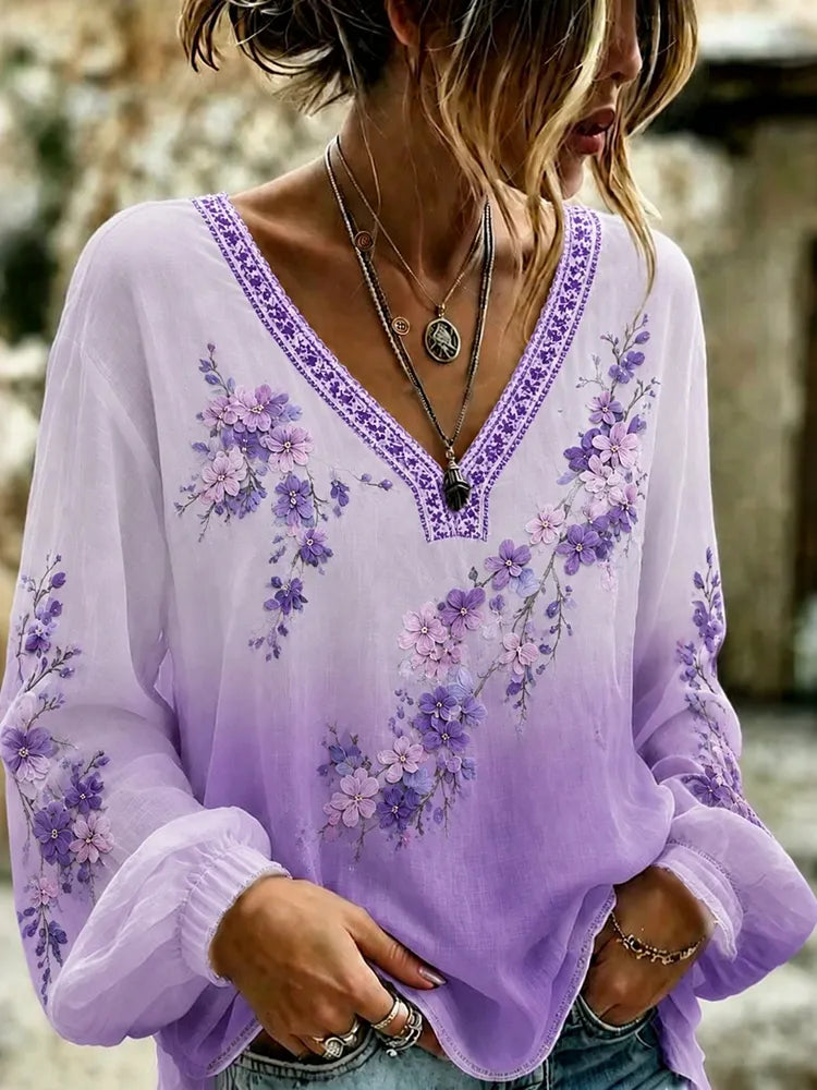 Women's Vintage Floral Print Gradient Long Sleeve Linen T-shirt