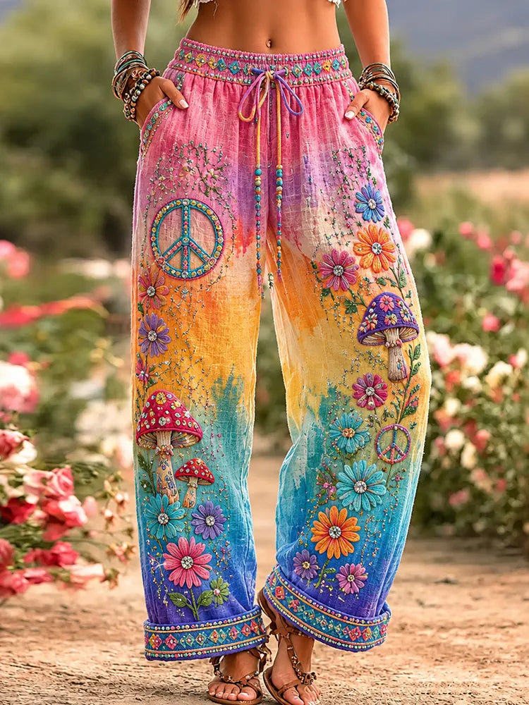 Women's Vintage Hippie Peace Floral Art Pattern Casual Linen Pants
