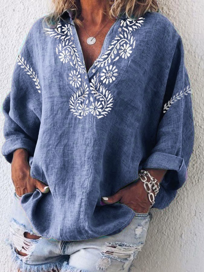 Women's Cotton And Linen Purple Floral V-Neck Top