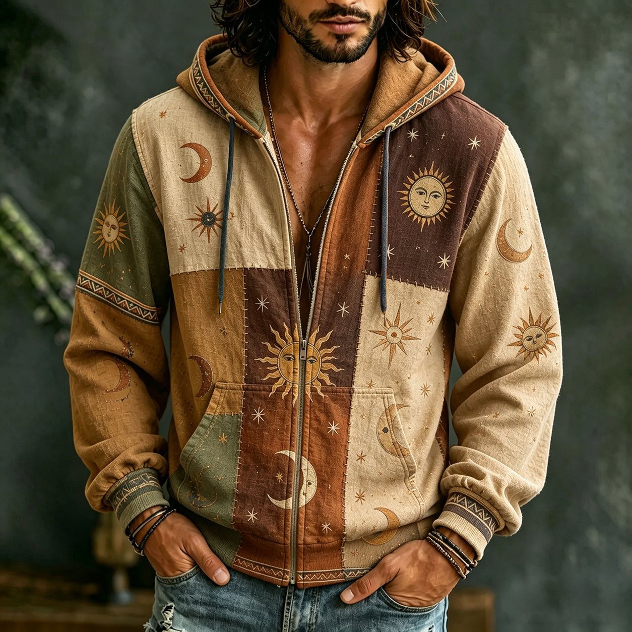 Men's Vintage Sun Moon Star  Patchwork Art Cozy Warm Zipper Hoodie