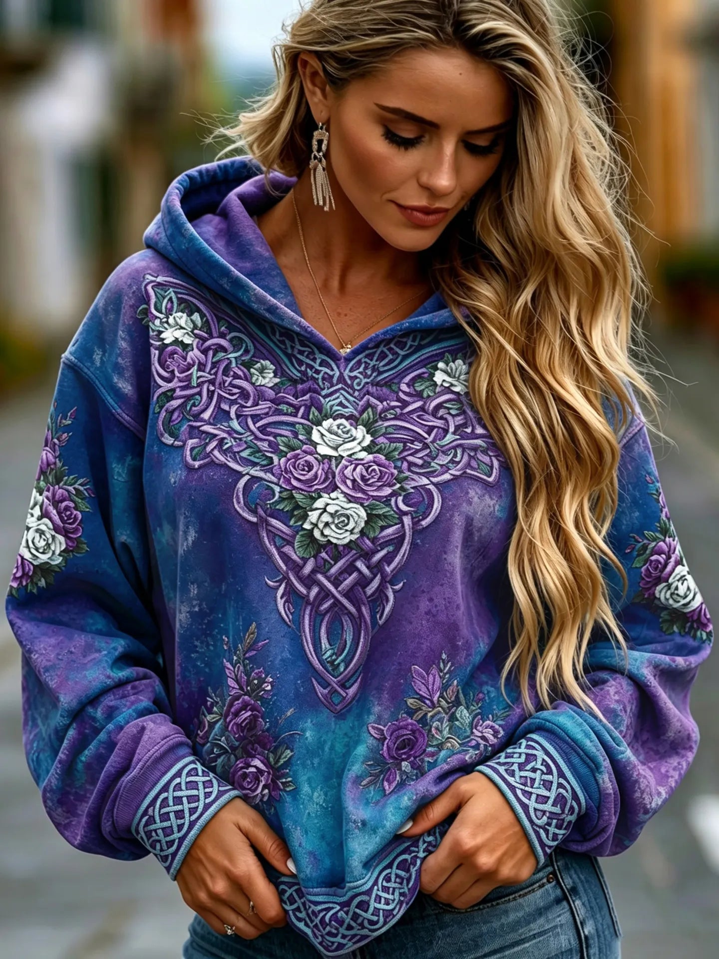 Women's Vintage Viking Celtic Knot And Rose Print Comfortable Warm Hoodie