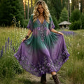 Women's Vintage Purple Floral Gradient Art Embroidered Linen Casual V Neck  Dress