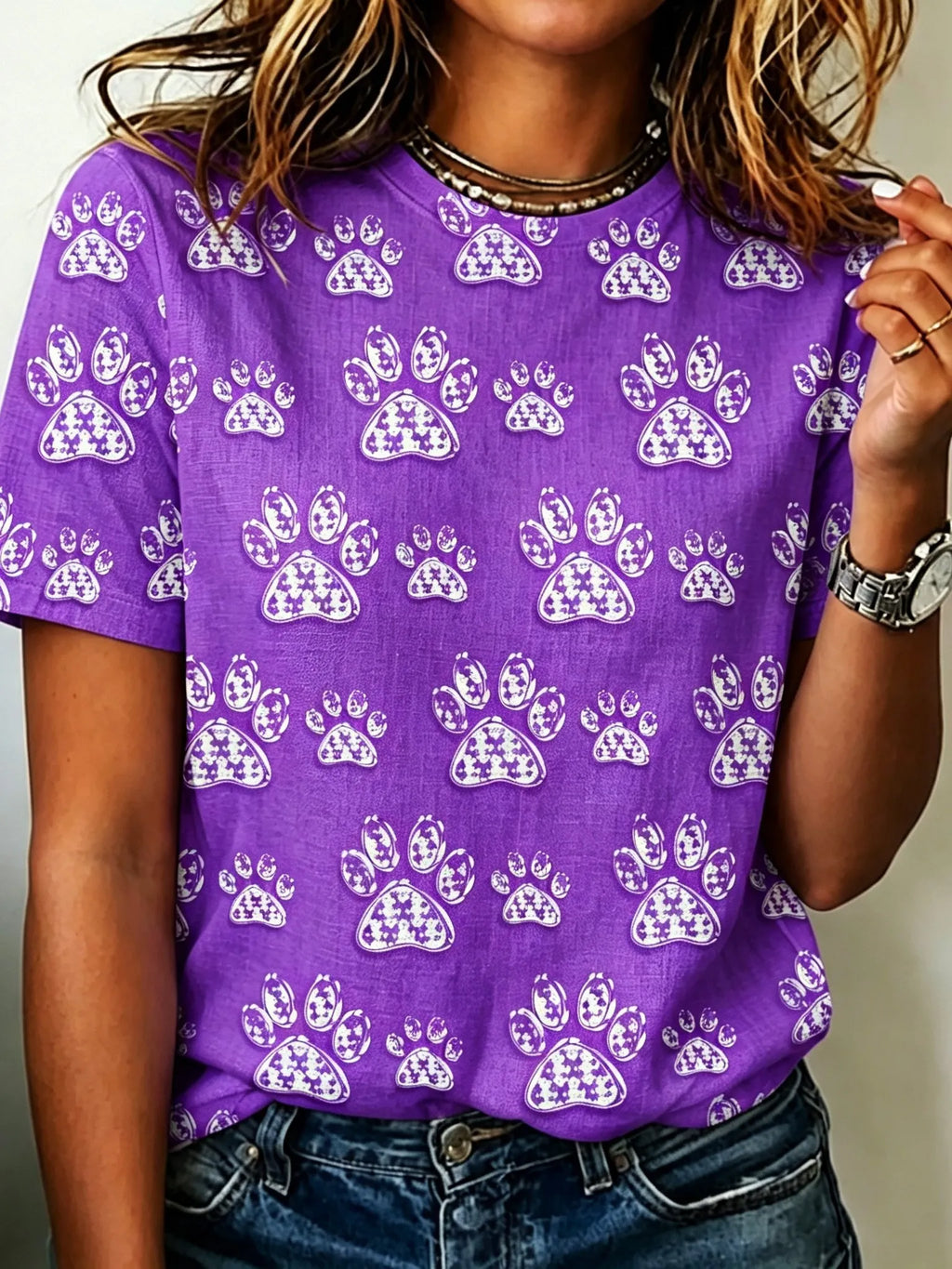 Cute Cat And Dog Paw Print T-shirt For Women.