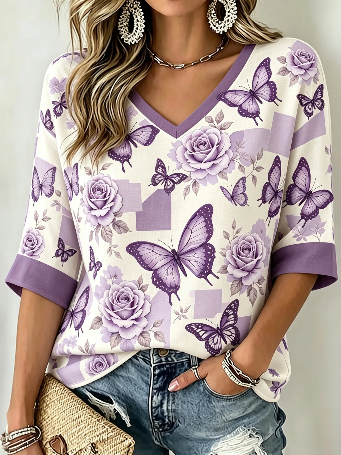 Women's Retro Floral Butterfly Print Linen Blend Casual V-neck Three-quarter Sleeve T-shirt