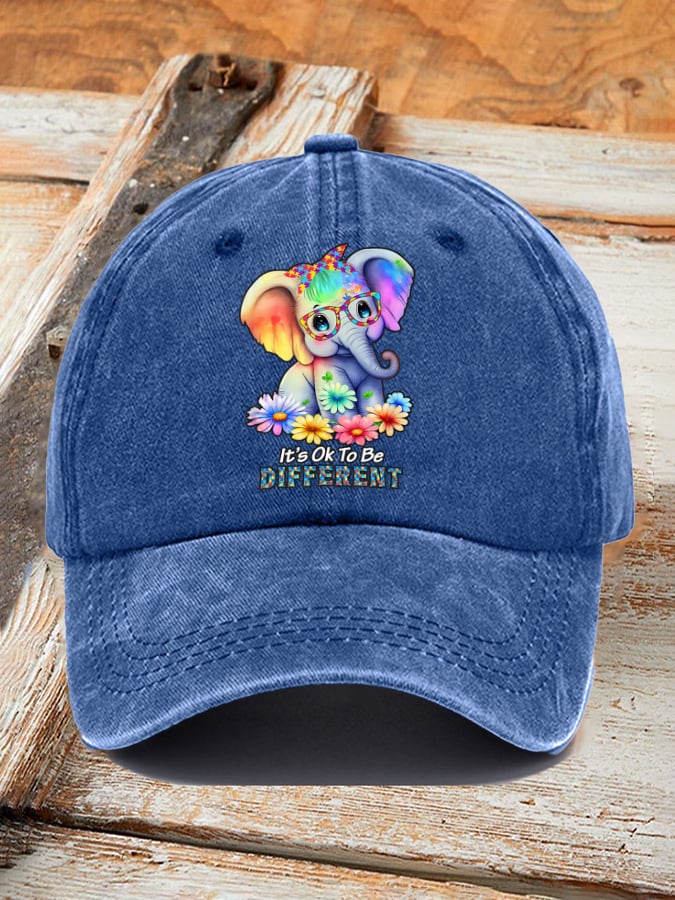 Retro Autism Awareness Elephant It's Ok To Be Different Print Baseball Cap