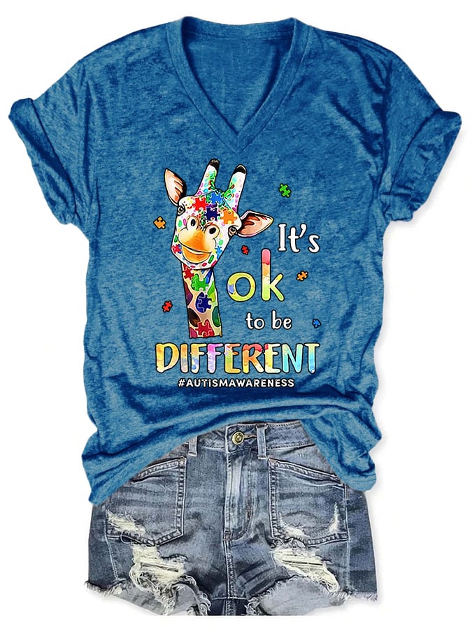 V-neck Autism Awareness Giraffe It's Ok To Be Different Print T-Shirt