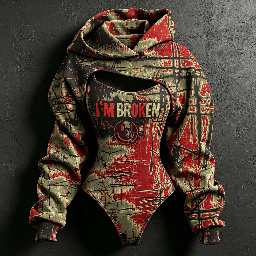 Women's Retro Color Block "i'm Broken" Print Sweatshirt Two-piece Set