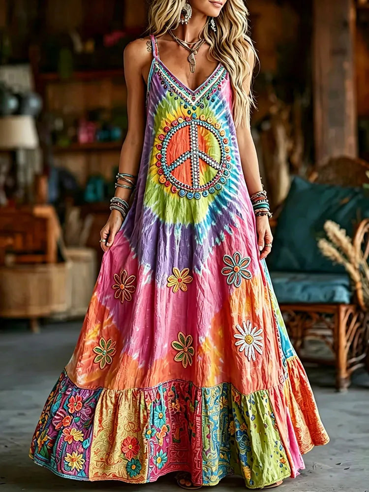 Women's Hippie Floral Peace Pattern Casual Sleeveless Dress