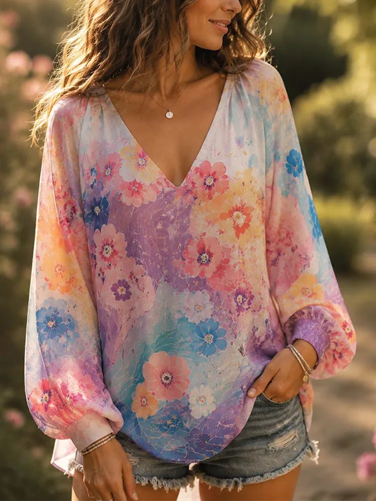 Women's Boho Watercolor Pastel Floral Print Long Sleeve V-neck Blouse