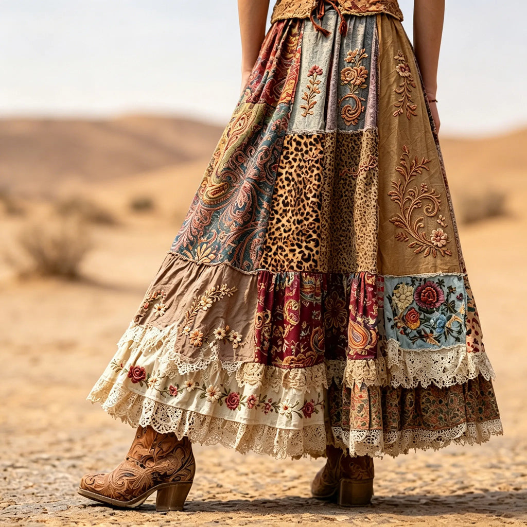Women's Retro Western Style Leopard Print And Floral Embroidery Print Midi Skirt