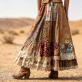 Women's Retro Western Style Leopard Print And Floral Embroidery Print Midi Skirt