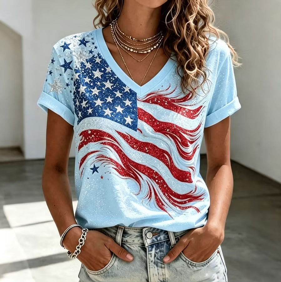 Women's Independence Day Flag Print V-neck Short Sleeve T-shirt