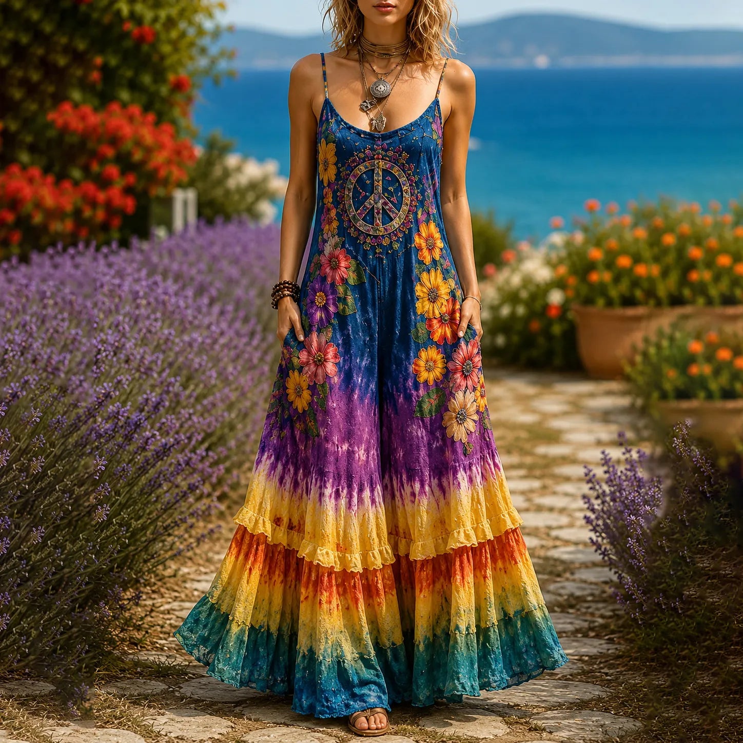 Women's Hippie Peace Sign Flowers Tie Dye Print Sleeveless Dress