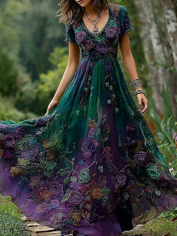 Women's Vintage Floral Embroidery Gradient Pattern V Neck Dress