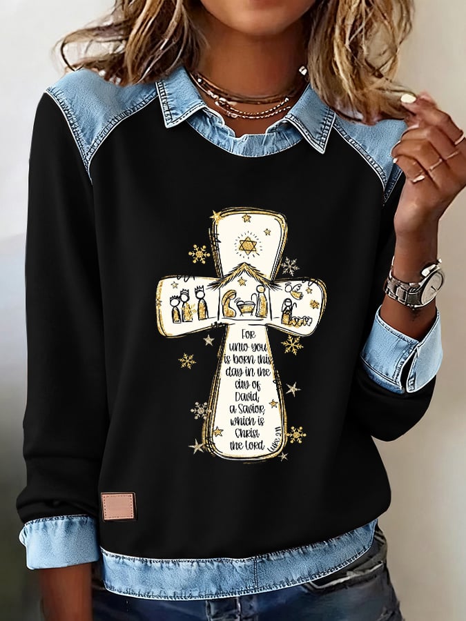 Retro Christmas For Unto You Is Born This Day In The City Of David A Savior, Which Is Christ The Lord – Luke 2:11 Printed Denim Patchwork Sweatshirt