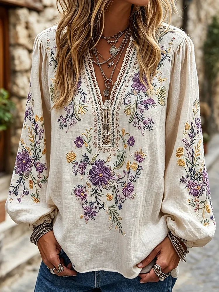 Women's Vintage Boho Floral Art Cotton Linen Casual T-shirt