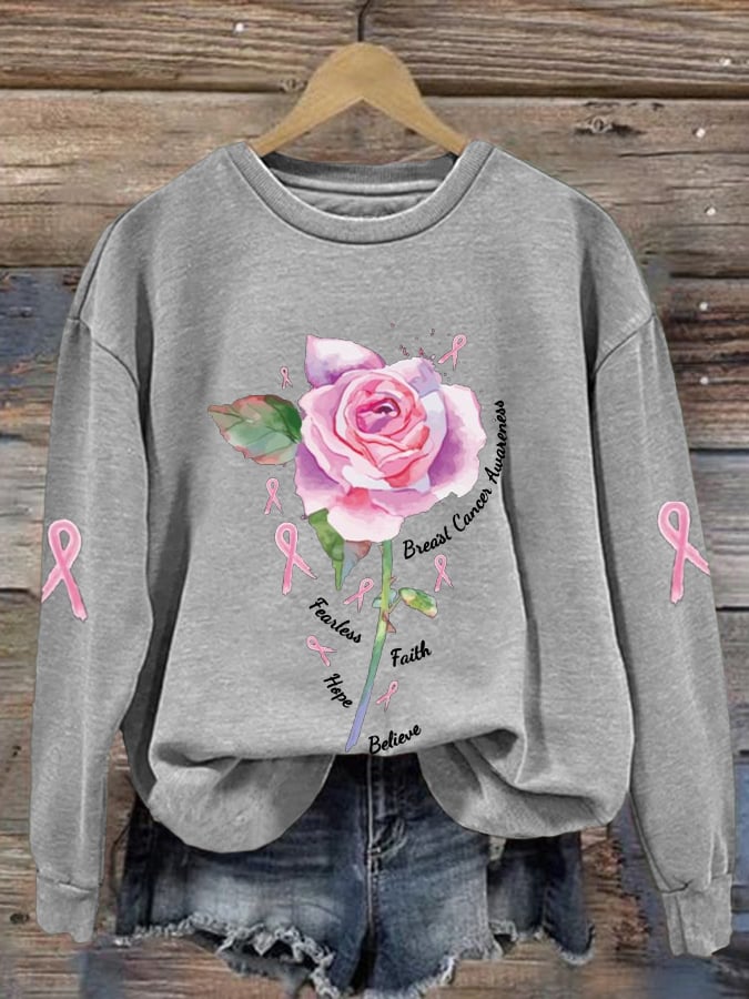 Women's Breast Cancer Pink Ribbon Rose Fearless Faith Hope Print Long Sleeve Round Neck Sweatshirt