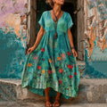 Women's Retro Hippie Floral Pattern Art Embroidered Linen Blend Maxi Dress