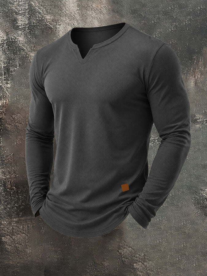 Men's Plain Casual V-Neck Long Sleeve T-Shirt